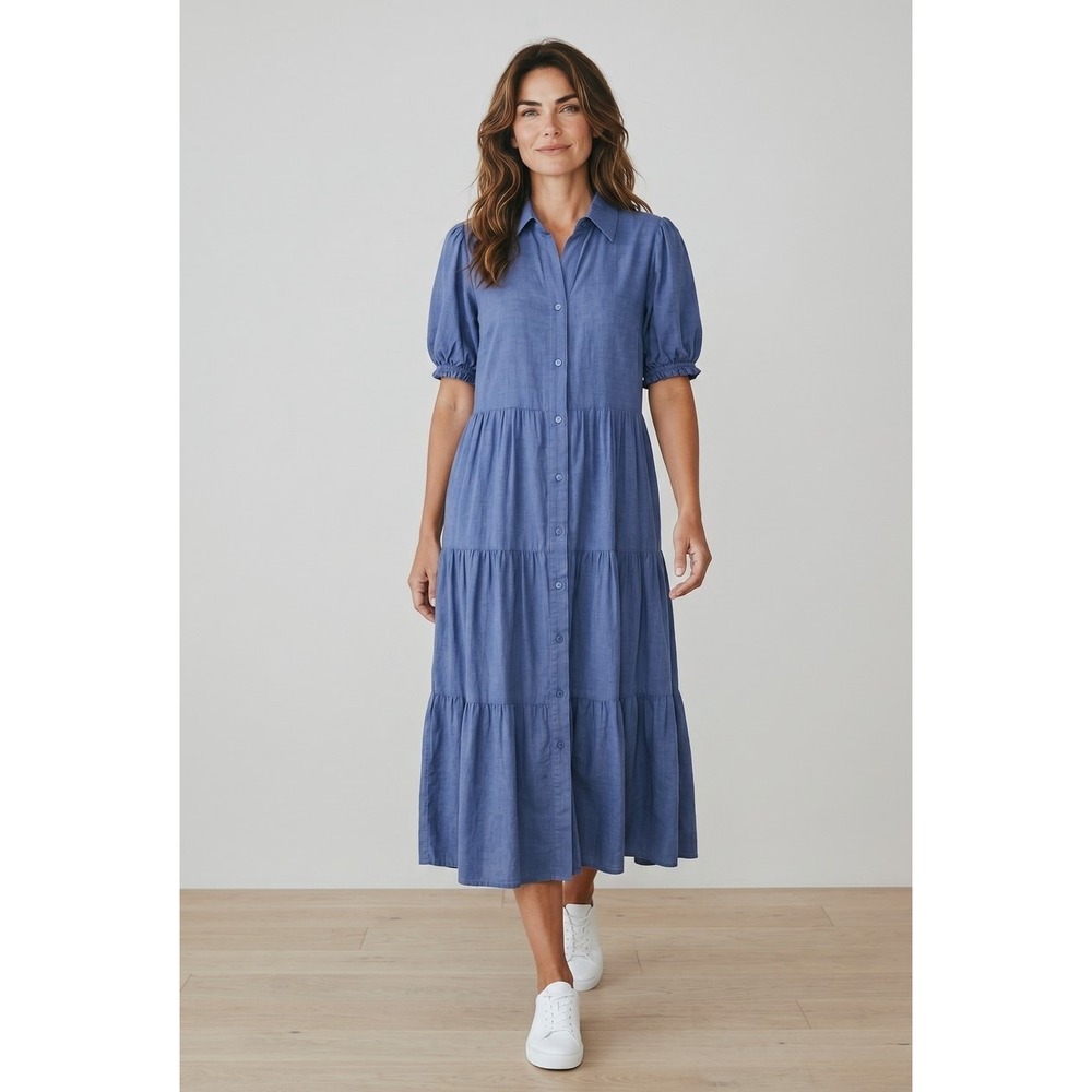 Tahari Blue Linen Blend Tiered Maxi Dress Puff Sleeve Button Up Womens Medium